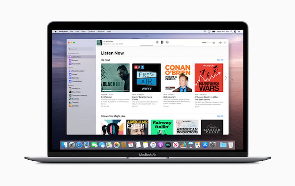 A Mac laptop open to a screen showing Apple Podcasts and icons