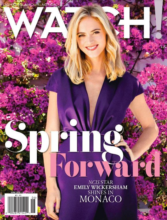 Emily Wickersham on the cover of Watch magazine pictured in a garden of flowers.