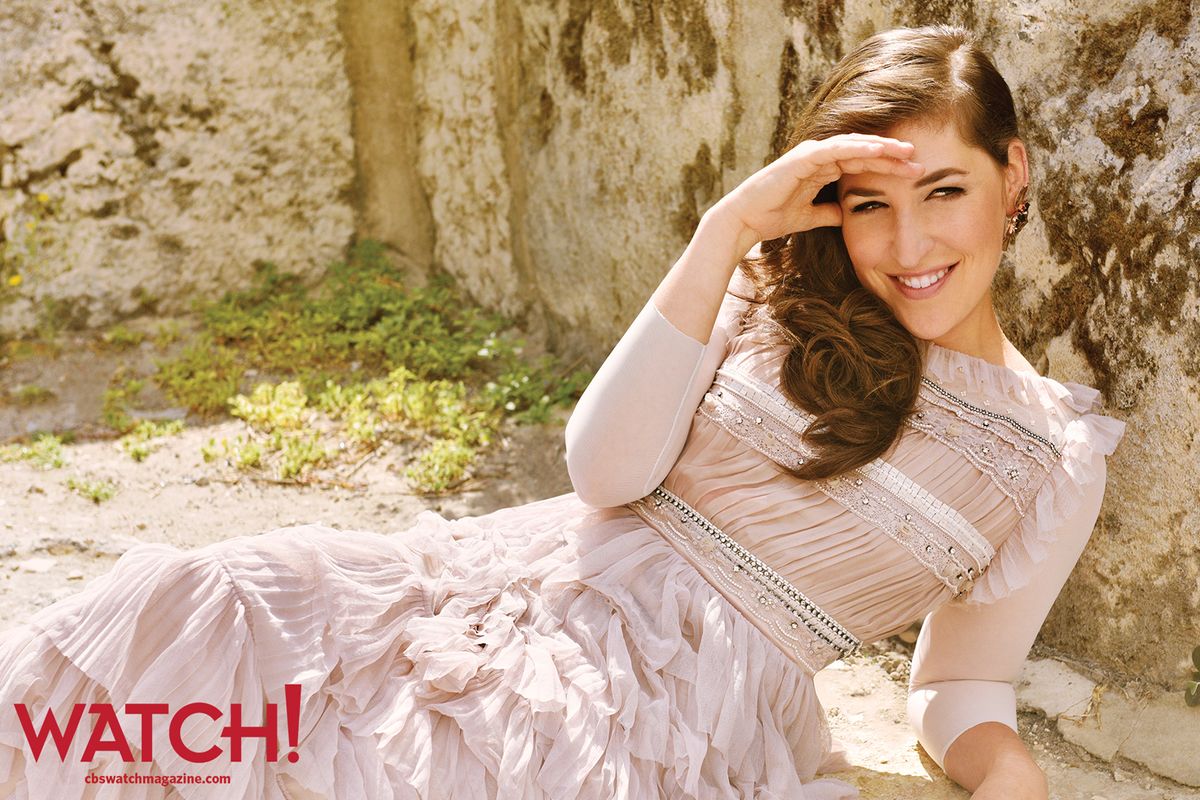 Mayim Bialik in a ruffled pink dress