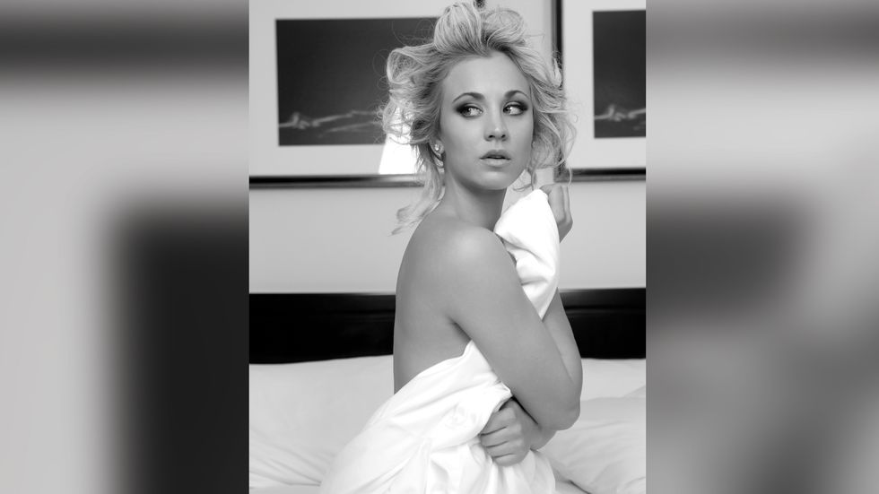 Kaley Cuoco of The Big Bang Theory wrapped in a white sheet