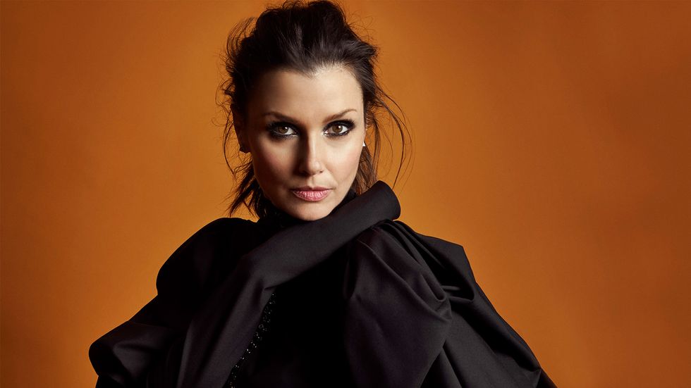 Bridget Moynahan smokey eye black blouse