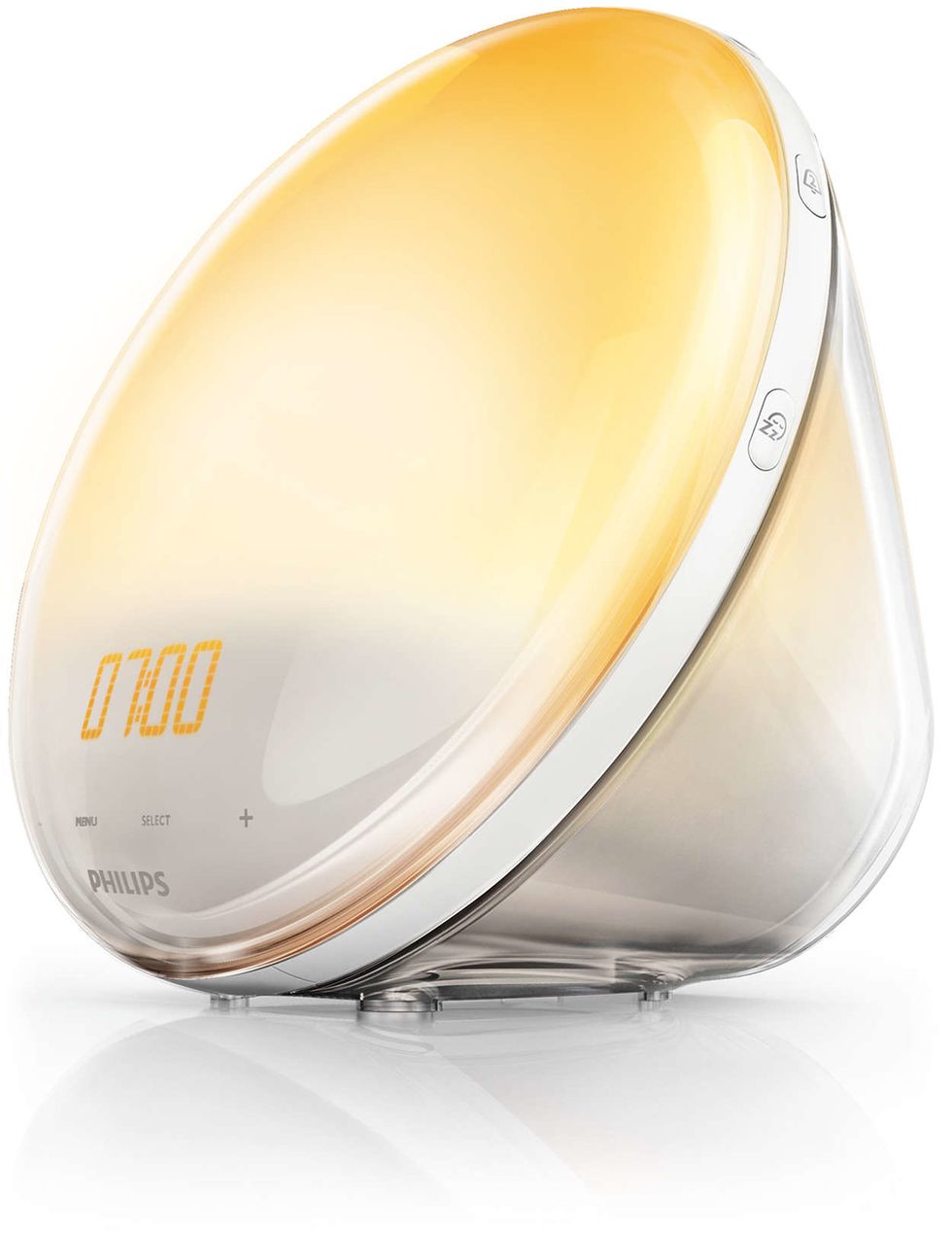 A lamp in yellow and white from Philips showing the time as 7 am