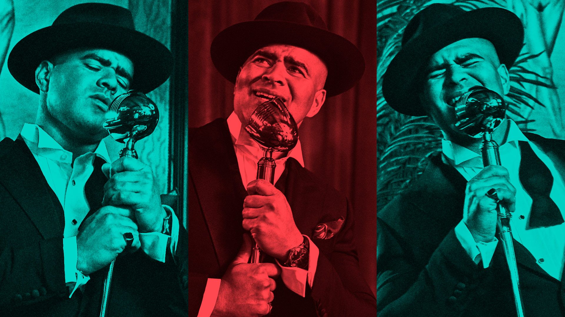 A trio of colorized images of Bull star Chris Jackson singing into a microphone while wearing a period tuxedo.