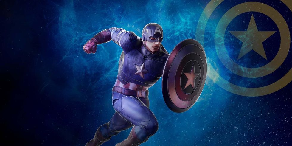 Captain America against a blue background holding his shield, part of the Lenovo Mirage AR set