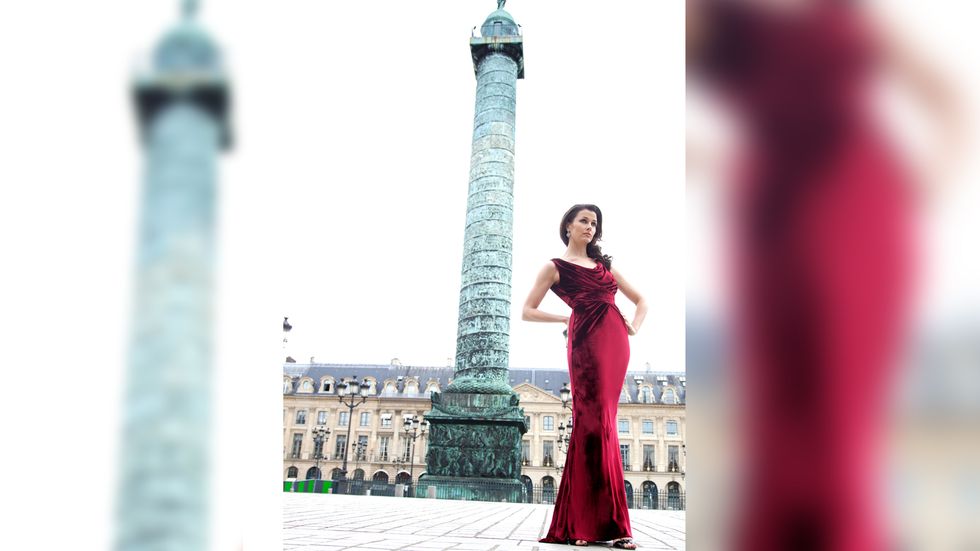 Bridget Moynahan in long red velvet dress