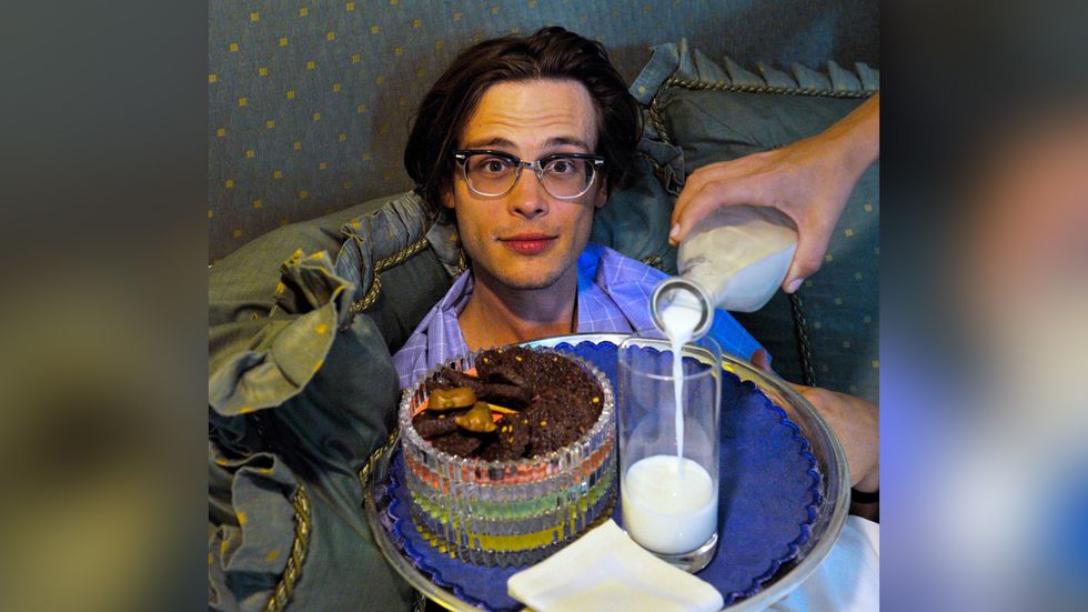 Matthew Gray Gubler eating cookies and milk