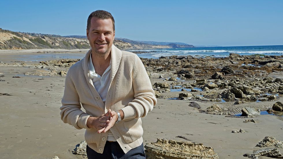 Chris O'Donnell wears a sweater on a rocky beach.