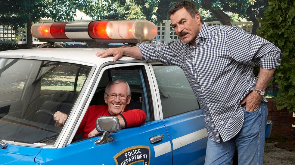 Len Cariou and Tom Selleck police car