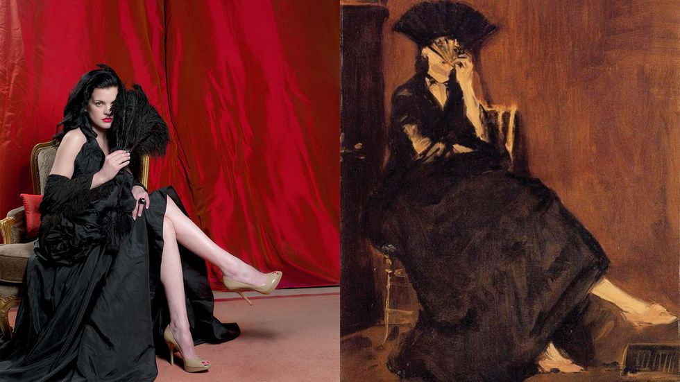Pauley Perrette of Broke shielding her face with a fan recalling an impressionist painting by Manet