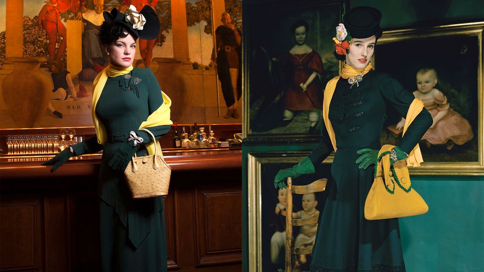 Pauley Perrette of Broke with a green dress and flower hat as Babe Paley in New York