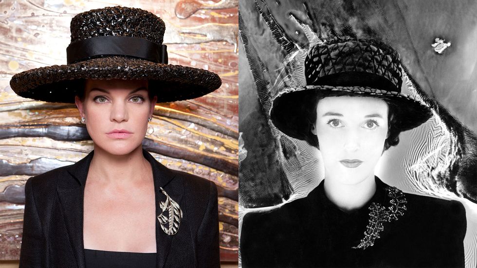 Pauley Perrette of Broke in a hat and jeweled brooch as Babe Paley