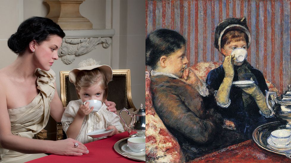 Pauley Perrette of Broke with a young girl recreating The Tea by Mary Cassatt