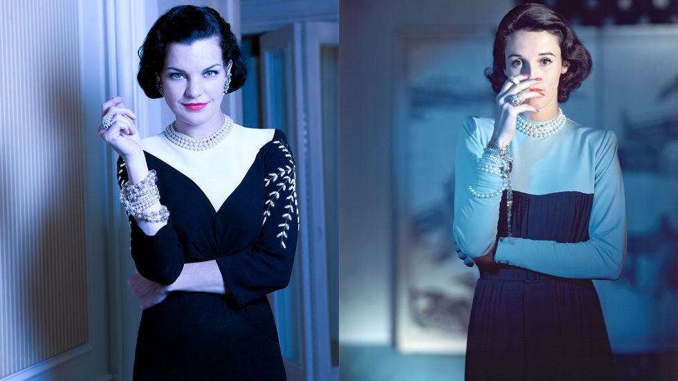 Pauley Perrette of Broke wrapped in pearl bracelets and necklaces as Babe Paley