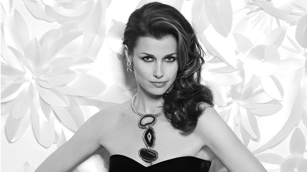 Bridget Moynahan with a large necklace of geode cross sections