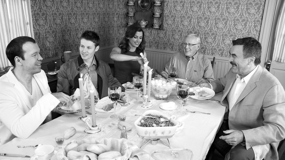 Bridget Moynahan and cast of Blue Bloods at a dinner table