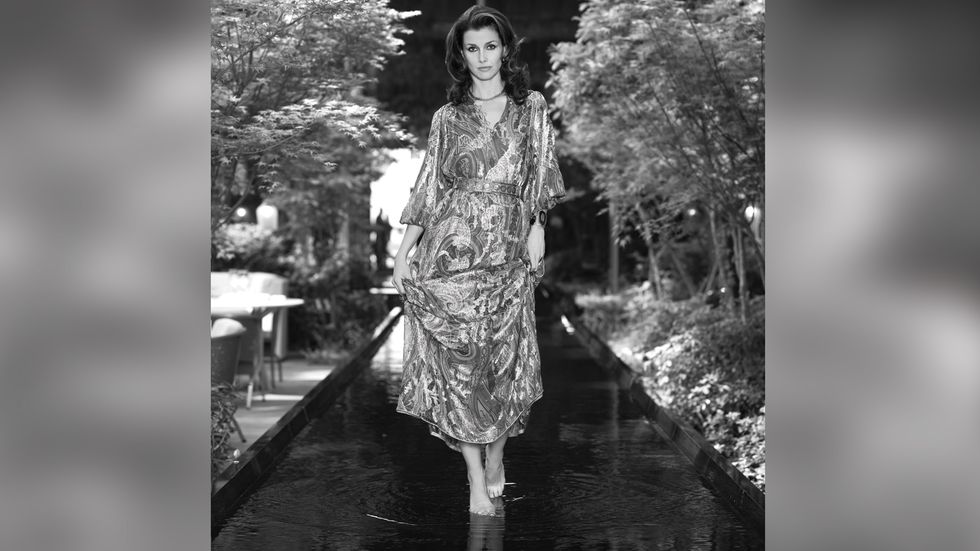 Bridget Moynahan in flowing print dress