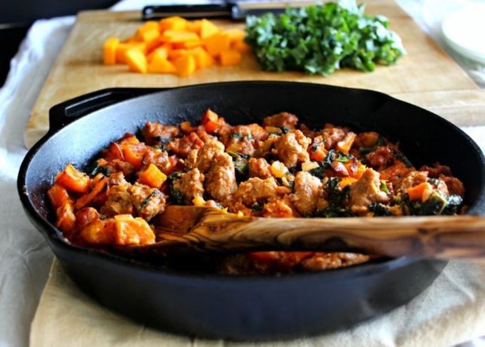 creamy-butternut-italian-sausage-bake-with-kale-and-tomato-cream-sauce