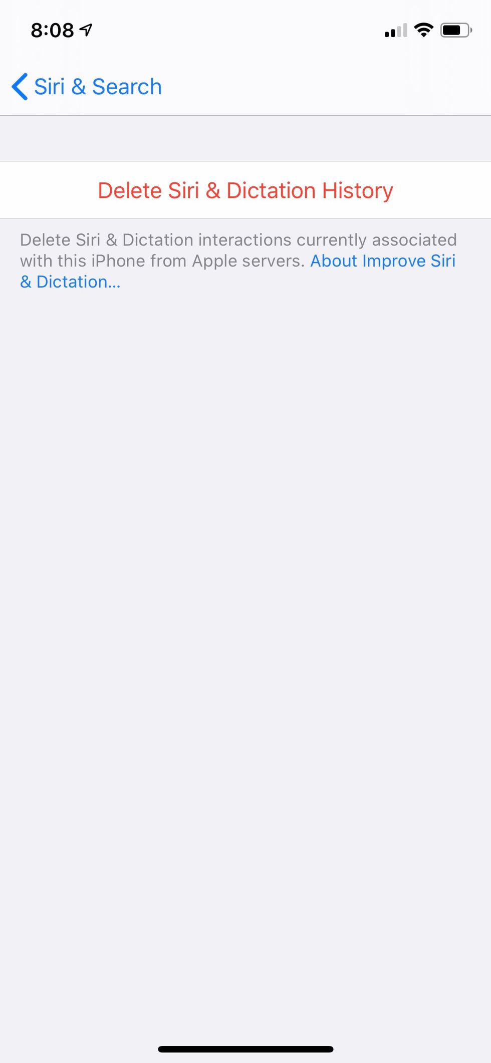 Screenshot of iOS for the Delete Siri & Dictation History option