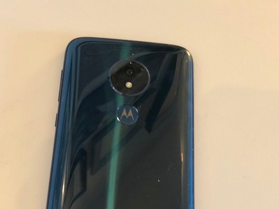 The blue metallic back on the Motorola Moto G7 Power smartphone