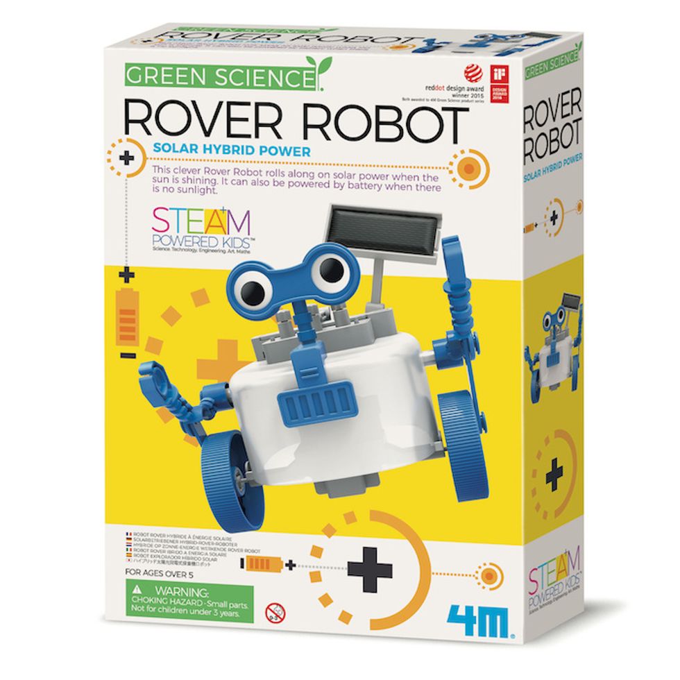A white and blue robot on a yellow and white box, with the words "Rover Robot"