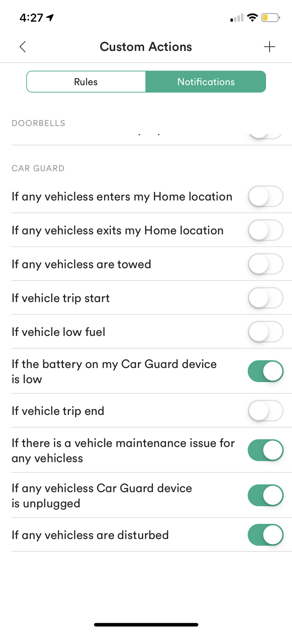 Screenshot of custom actions screen in Vivint app to activate Vivint Car Guard.