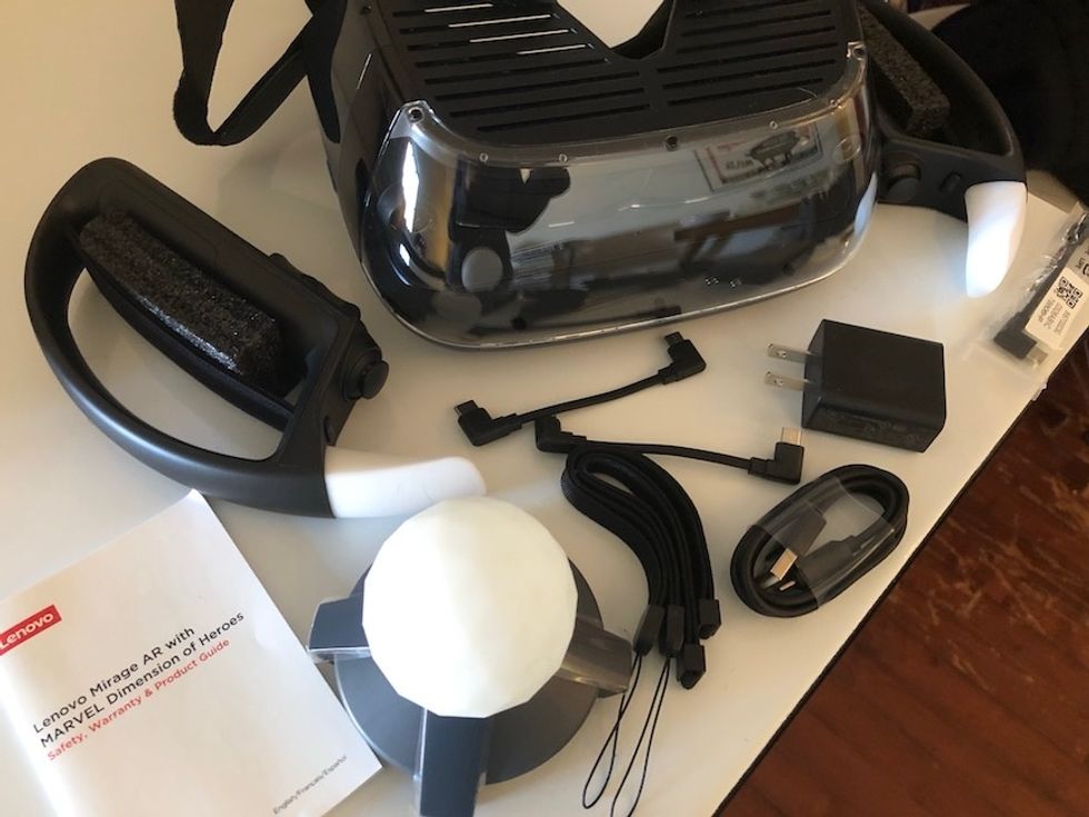 The headset, controllers and beacon that make up the Lenovo Mirage AR headset
