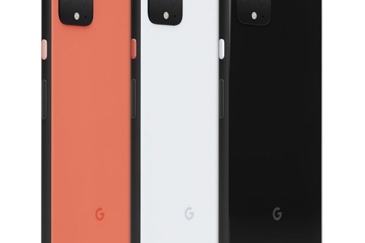 Three Google Pixel 4 smartphones in red, white and black lined up against a white background