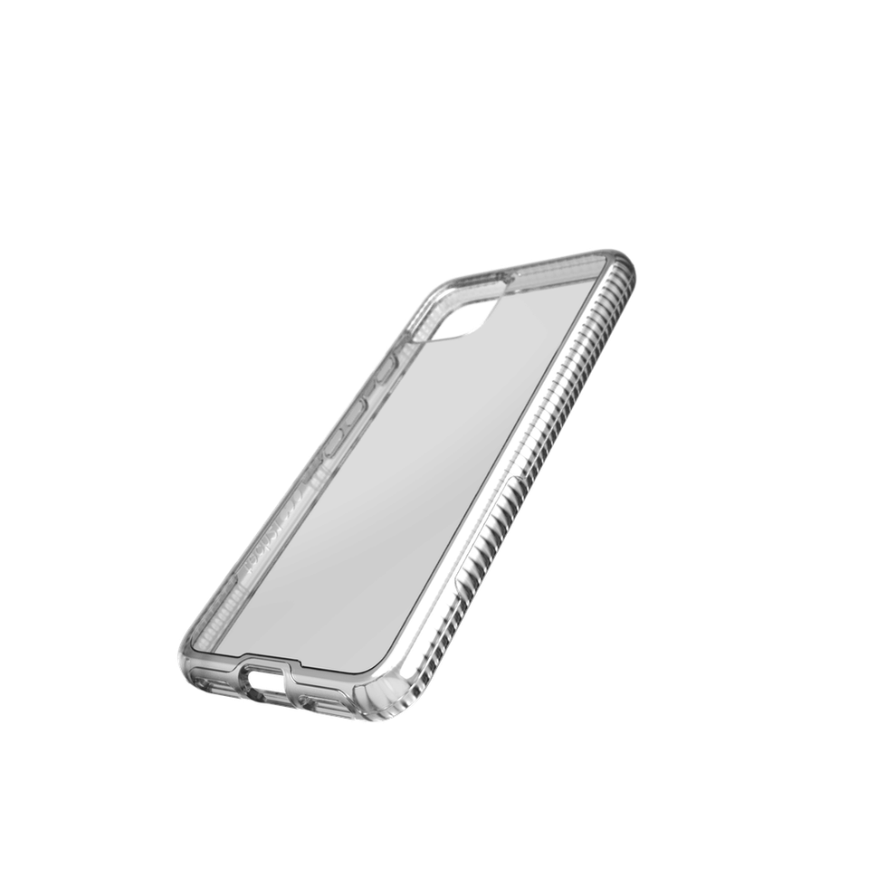 A clear smartphone case against a white background, without a phone inside