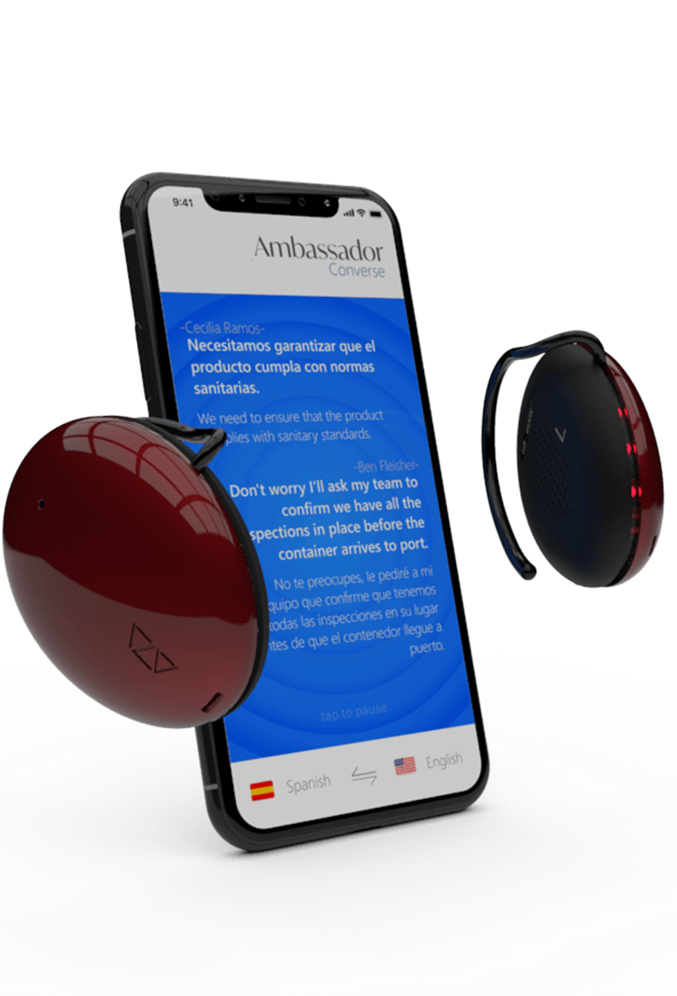 The Ambassador translator against a white background next to a smartphone