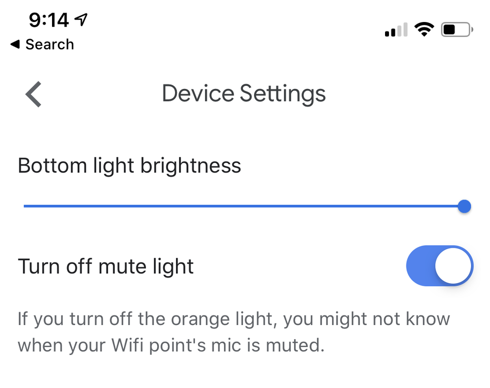 Screenshot of turn off mute light in Google Home app