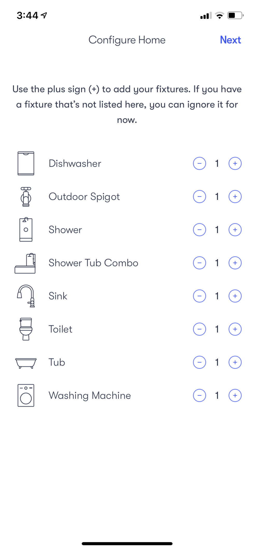 Screen shot of phyn app select appliances in home to help phyn determine which device is using water