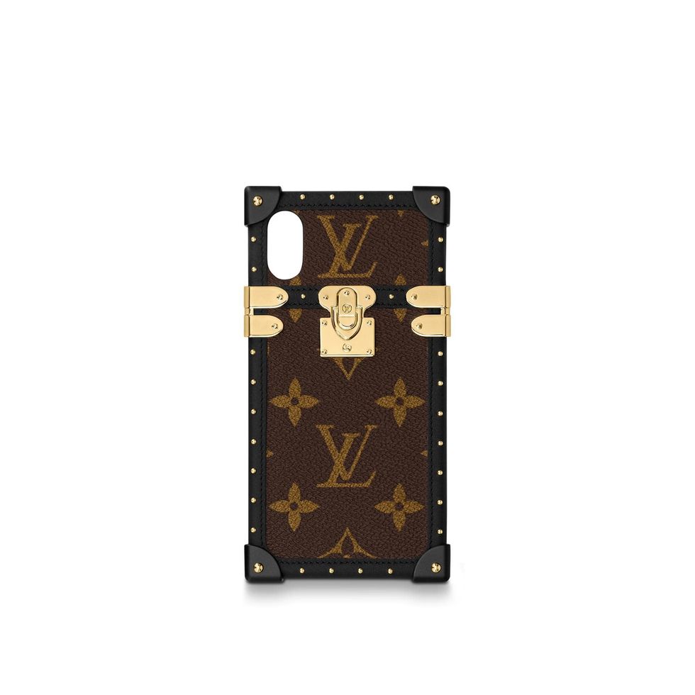 Louis Vuitton Eye Trunk with Strap for smartphones in classic brown and beige pattern with flowers and L and Vs
