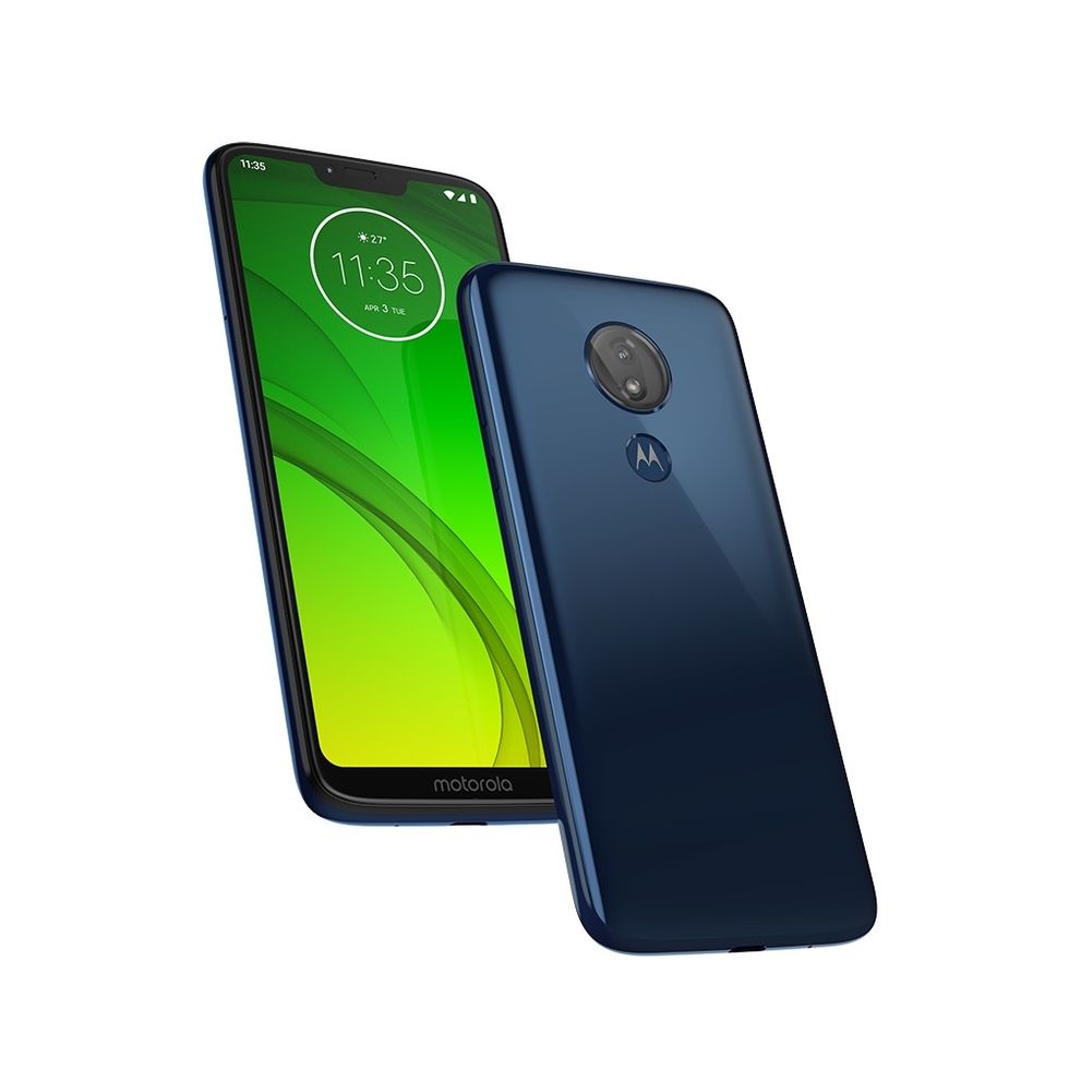 The Moto G7 Power smartphone in blue against a white background