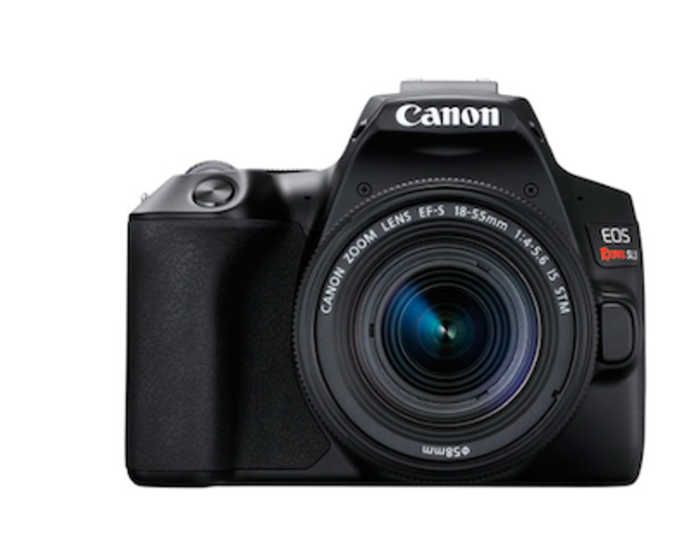The Canon EOS Rebel SL3 in black against a white background