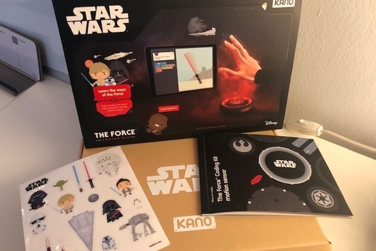 Stickers, the instruction manual and the box for the Kano Star Wars The Force Coding Kit