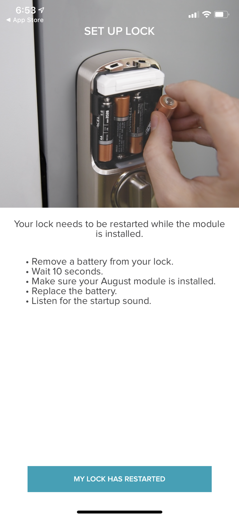 Screenshot of August app in the setup process for smart module and batteries to your smart lock.