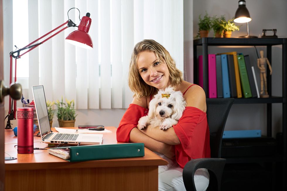 Happy young woman sitting at her desk holding her small dog.