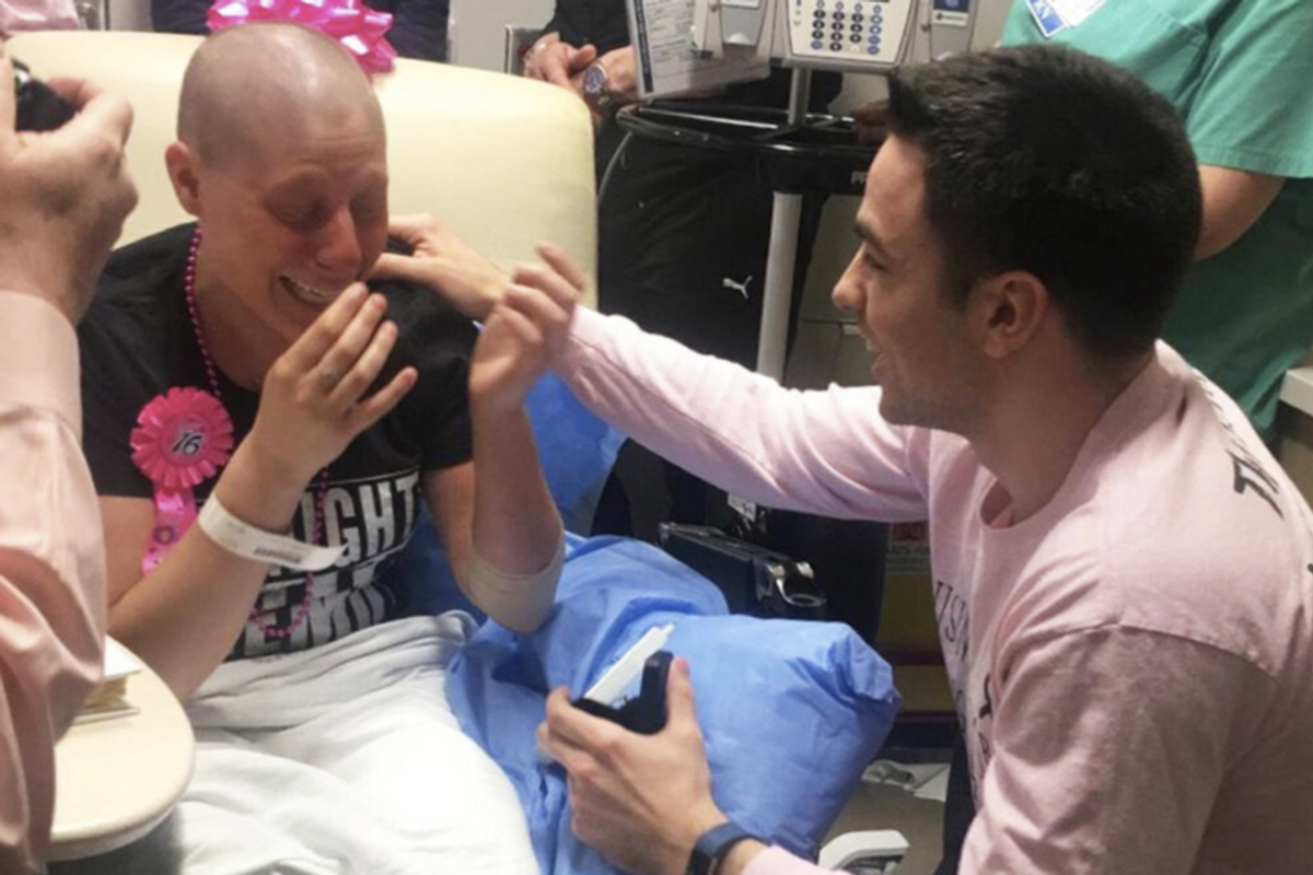 Man surprises his girlfriend with a wedding proposal on her last day of chemo