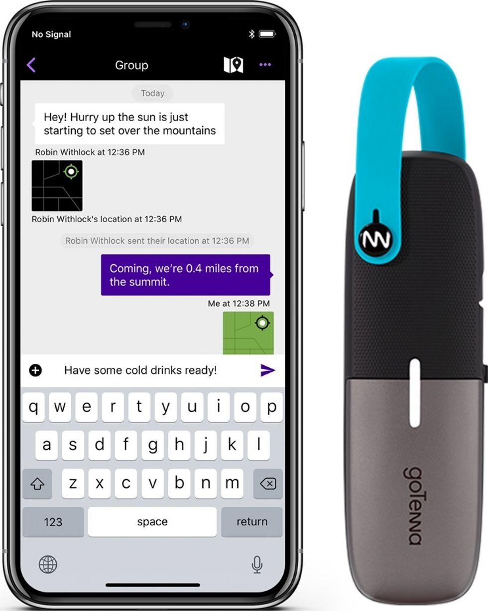 A GoTenna beacon next to a smartphone showing text messages on a screen