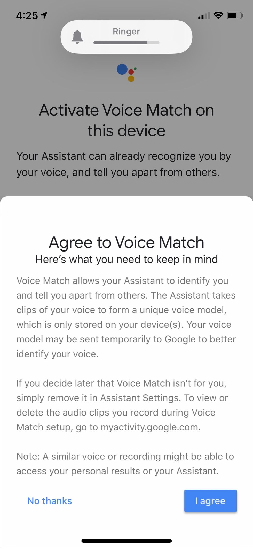 A screenshot of Google asking you to sign up for Voice Match
