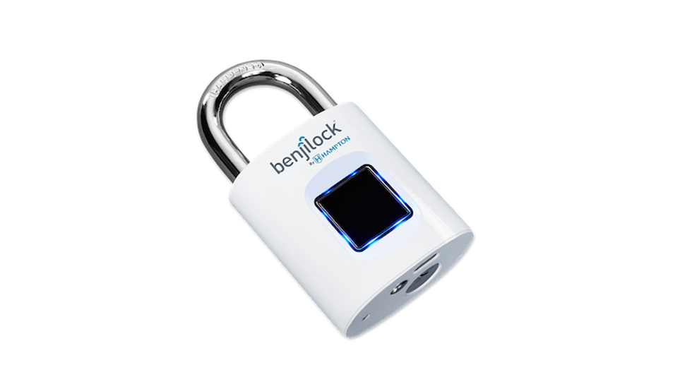 A white Benjilock with a fingerprint sensor in the middle