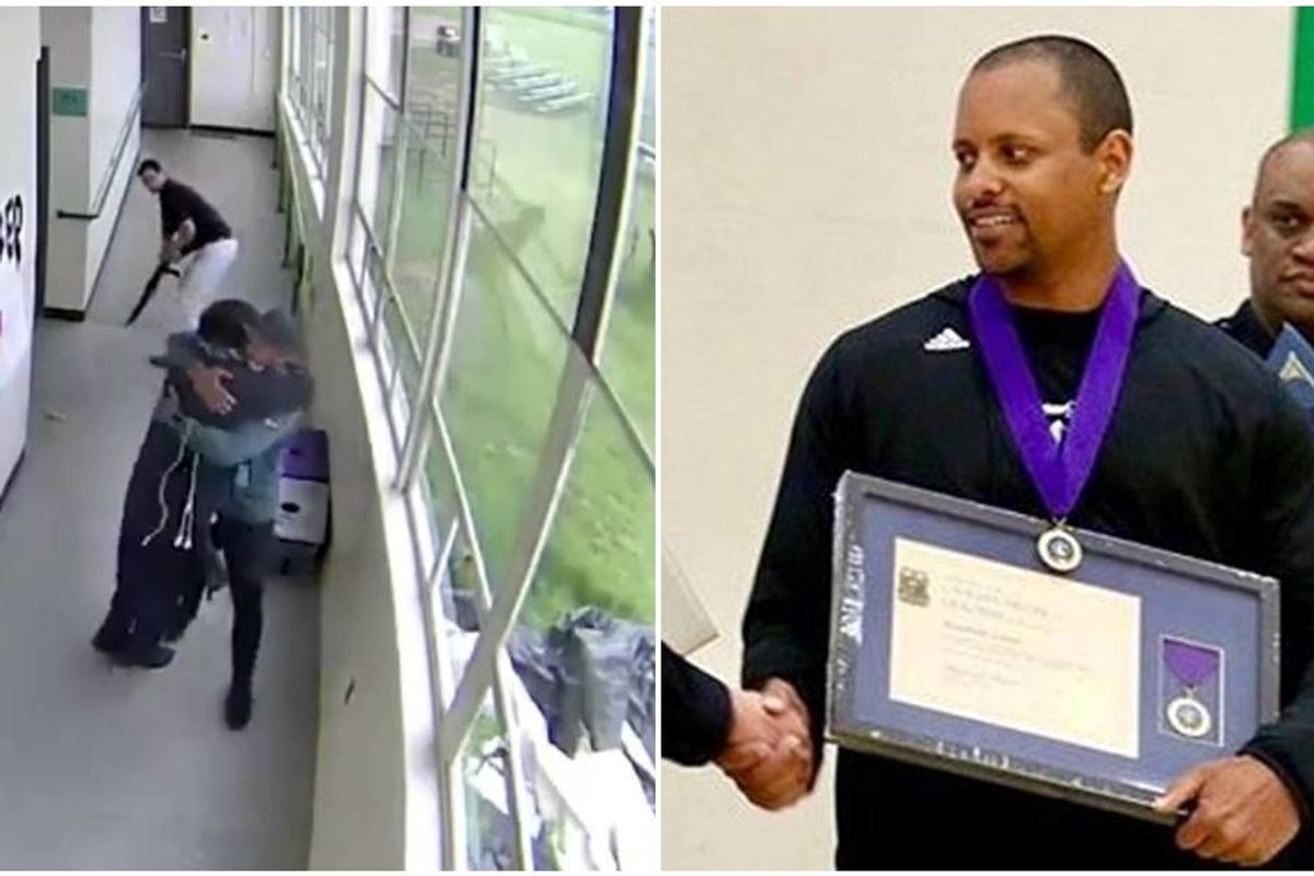Incredible footage shows an ex-college football star disarming a student gunman with hugs