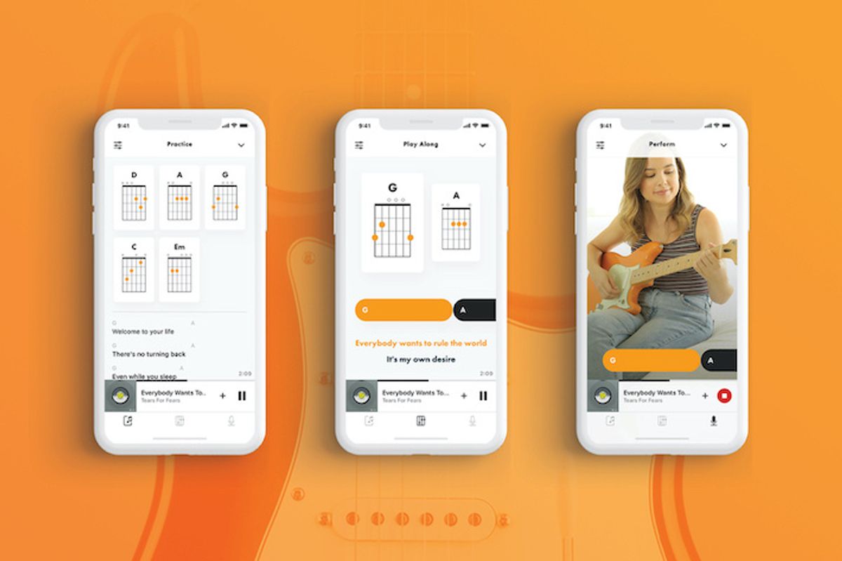 Three smartphones showing the different views of the Fender Songs app