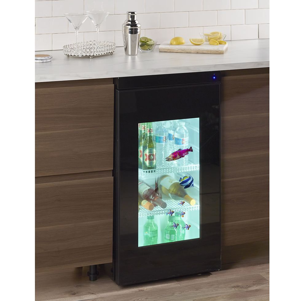 A mini-refrigerator called the Video, with images of fish playing across the glass door