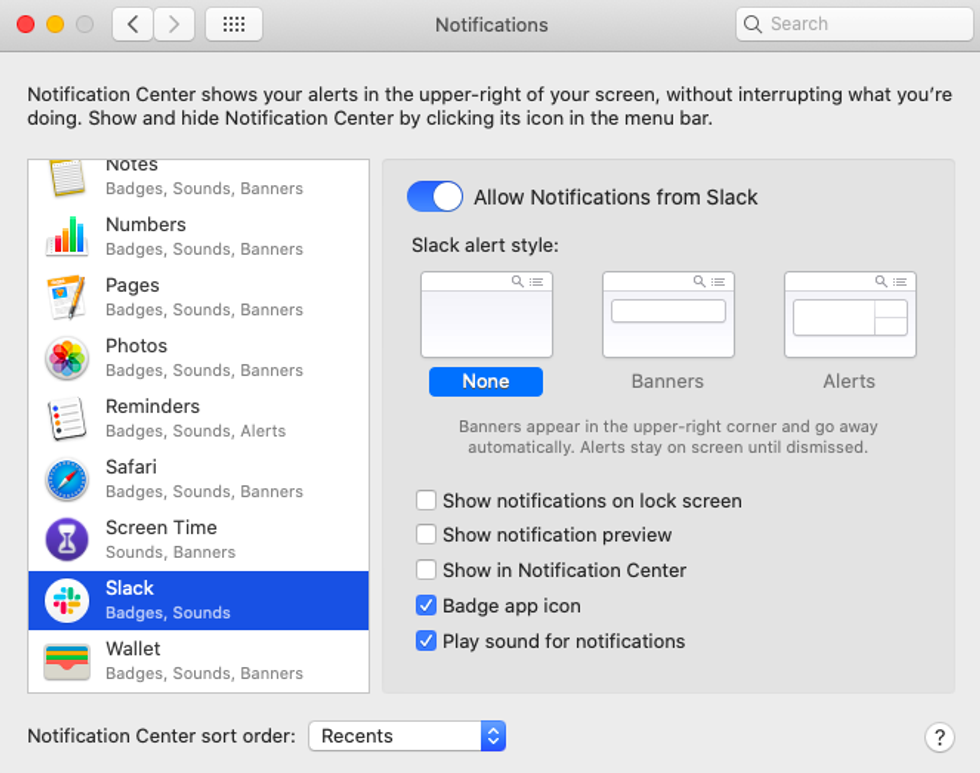 A screenshot of the Notifications options in macOS 10.15 Catalina