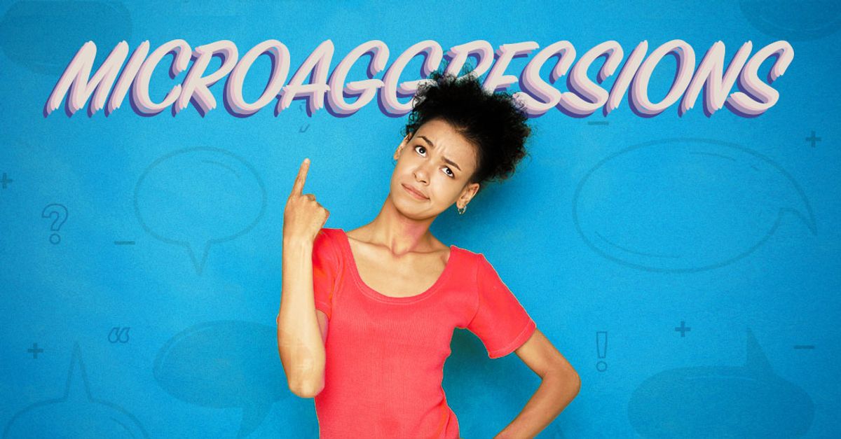 Women pointing up at the word "microaggressions"