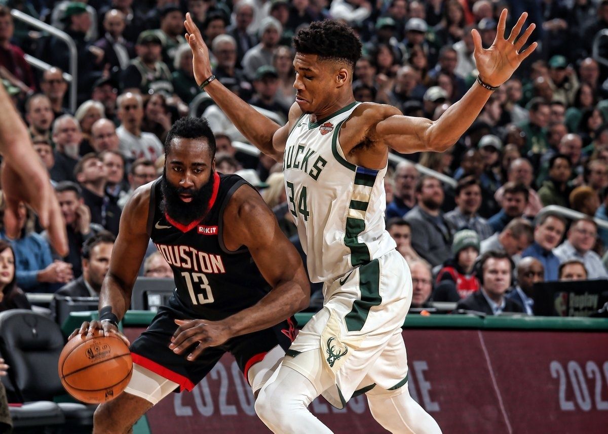 James Harden, right, and the Houston Rockets open their regular season against the Bucks and Giannis Antetokounmpo on Thursday in Houston.