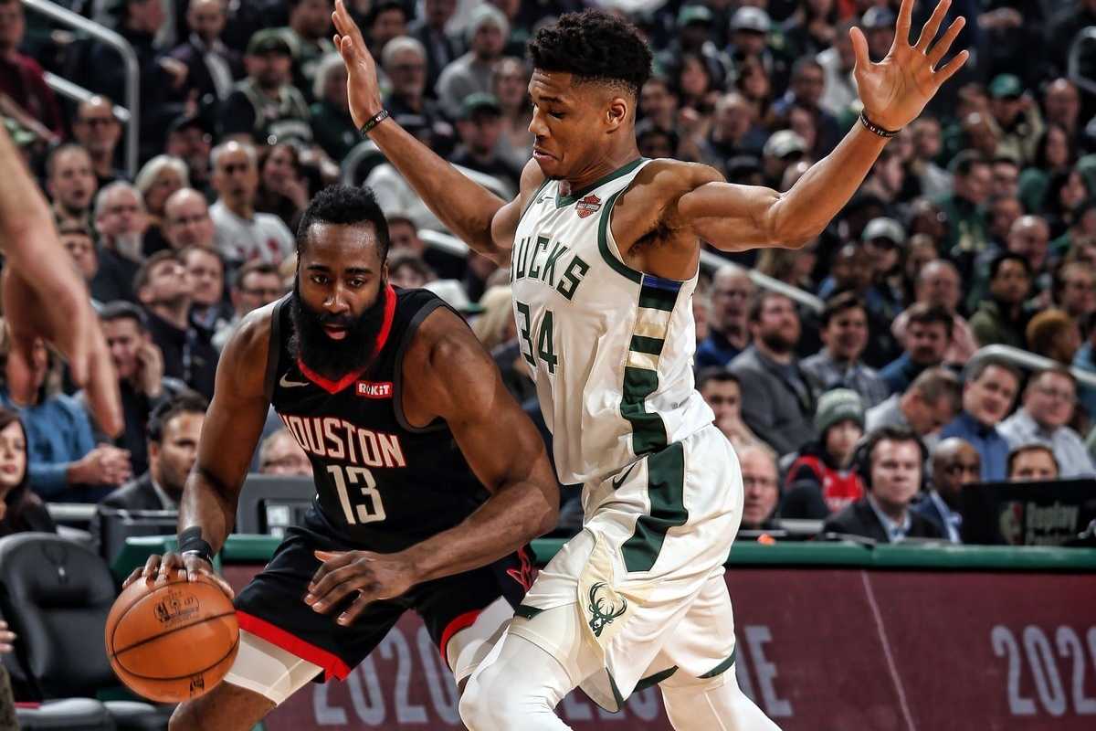 James Harden, right, and the Houston Rockets open their regular season against the Bucks and Giannis Antetokounmpo on Thursday in Houston.
