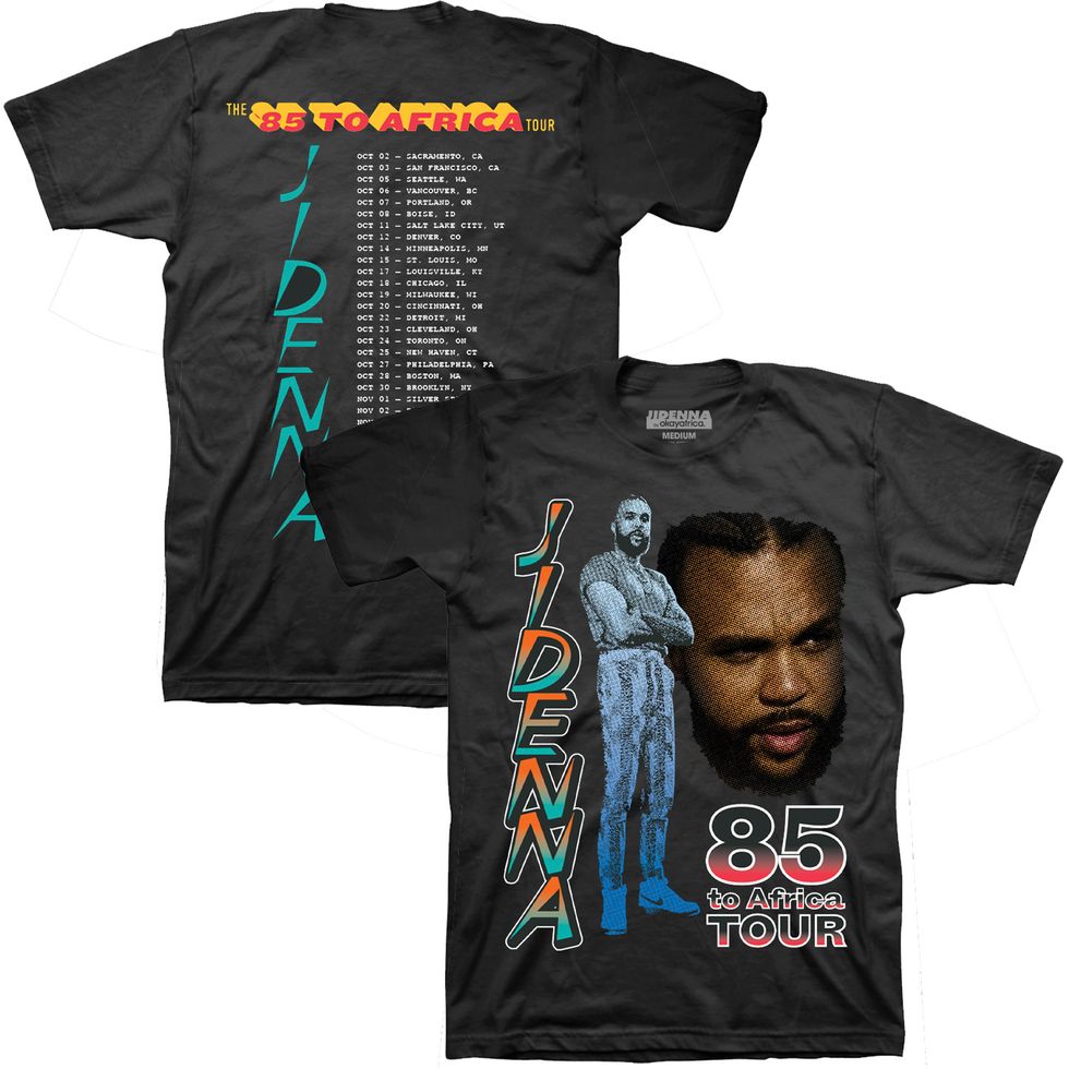 The Jidenna '85 to Africa tour t-shirt' front and back in the style of a classic rock shirt.