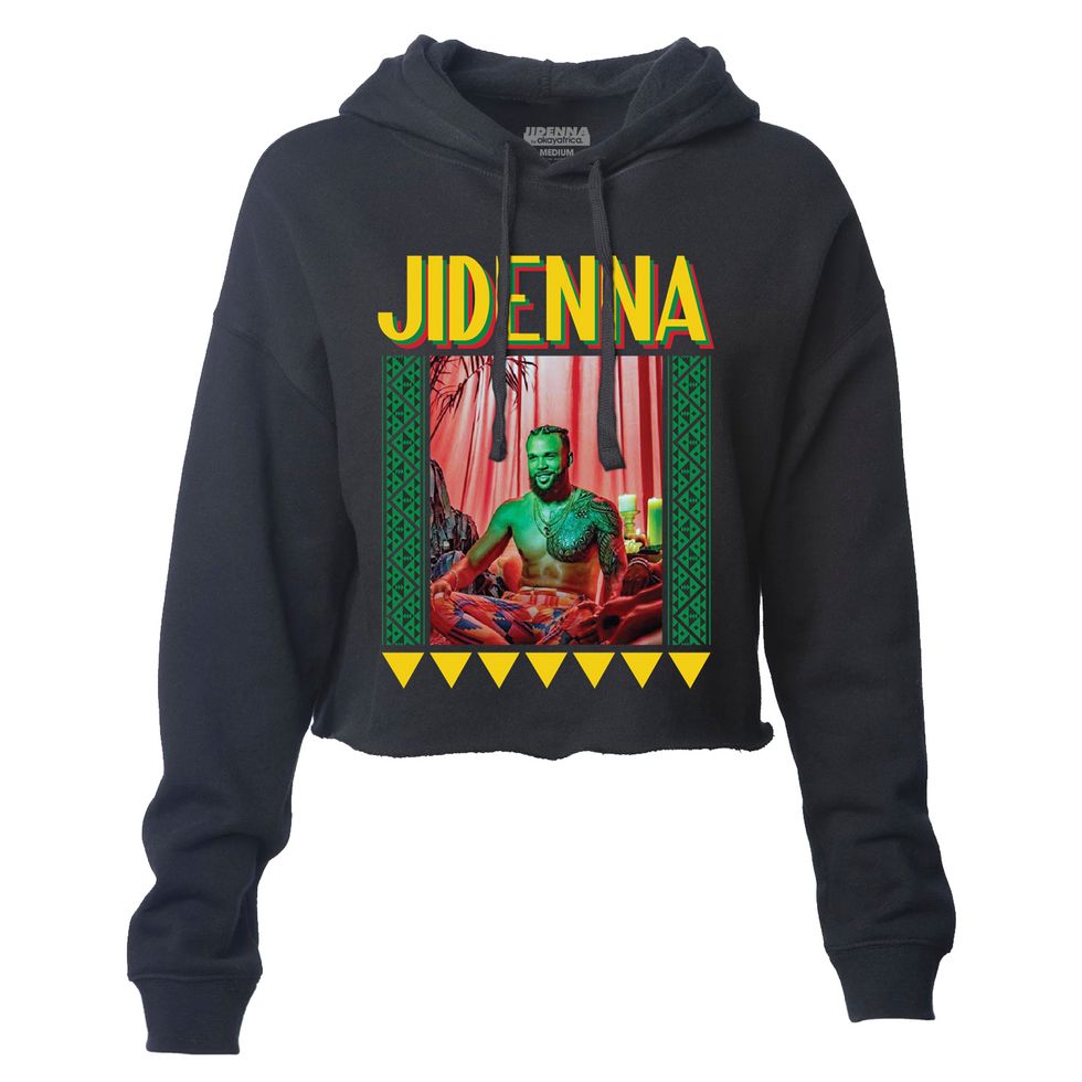 Women's crop top hoodie with afrocentric imagery and a photo of Jidenna on it.